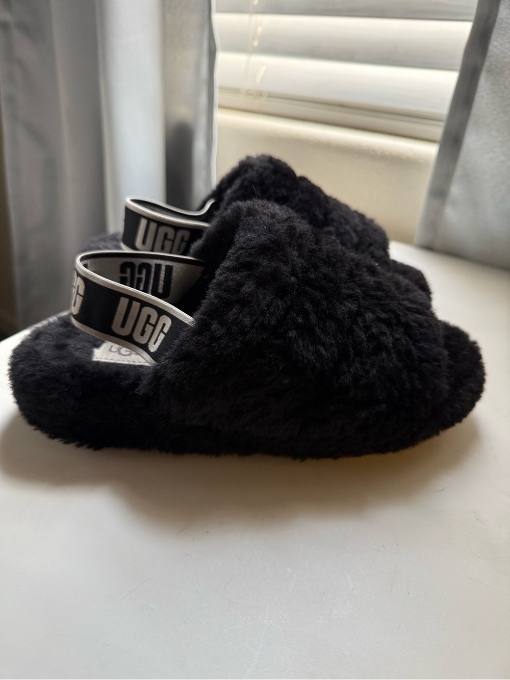UGG  Black Plush Slide with Logo Heel Strap
